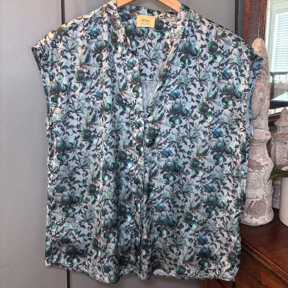 Elie Tahari Button Front Floral Blouse Sz M Cap Sleeve